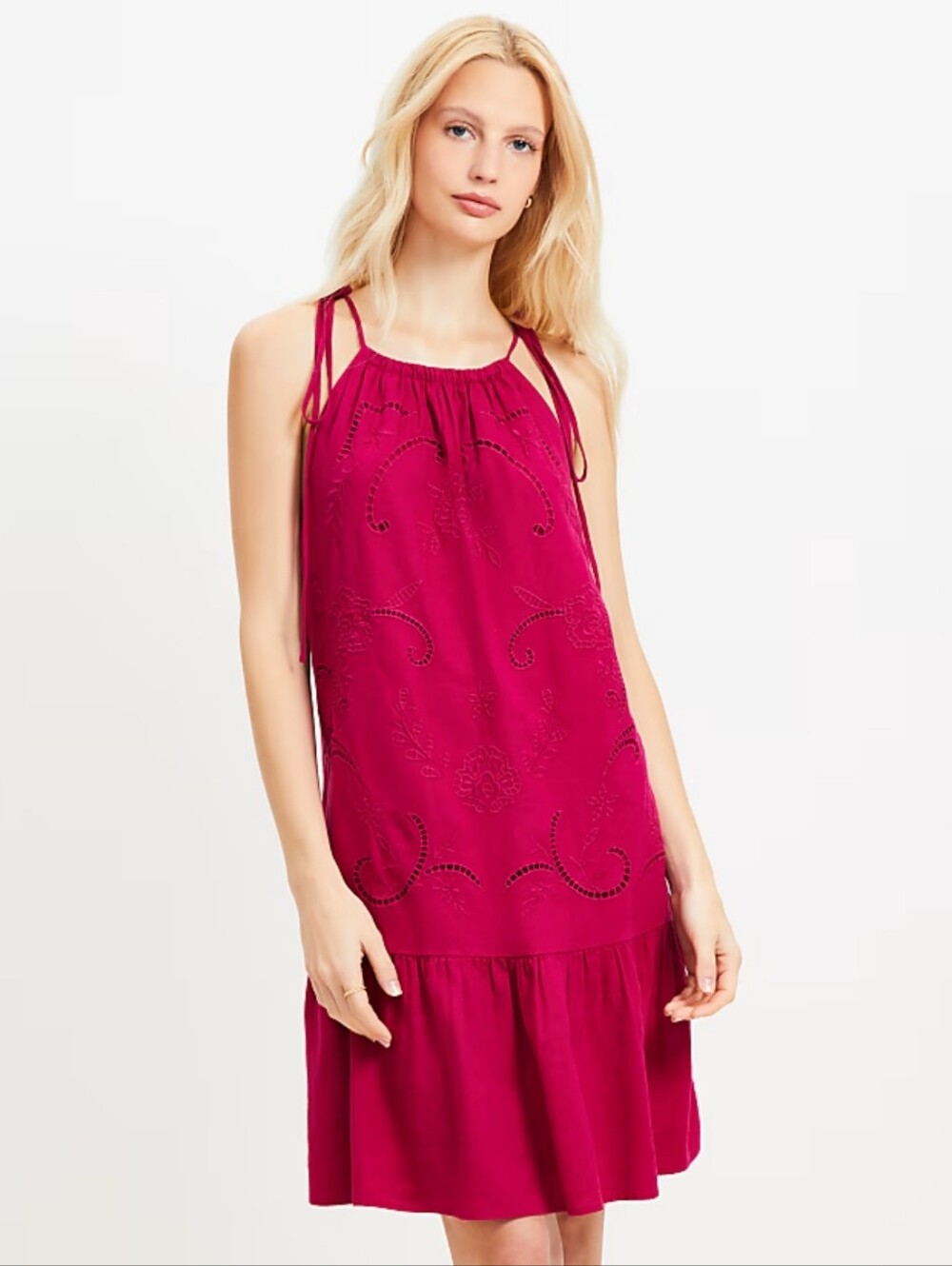 LOFT Eyelet Linen Blend Mini Halter Dress